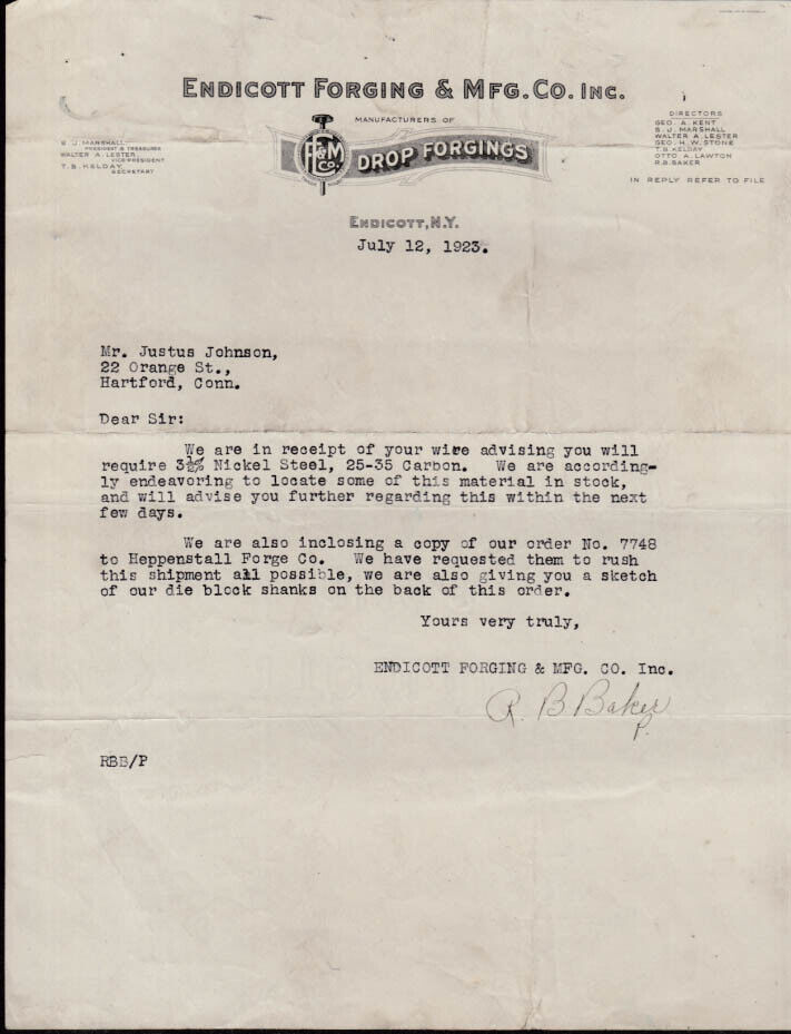 Endicott Forging & Mfg Endicott NY business letter 7/12 1923
