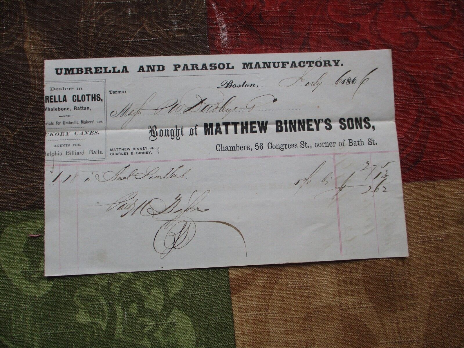 1866 Philadelphia Billiard Balls & Signed Card (FAMOUS? Billiard Player) Letter