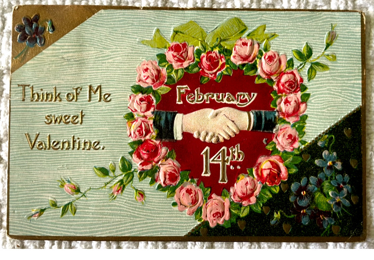 VALENTINE FEBRUARY 14TH POSTCARD PINK ROSE HEART WREATH GERMANY