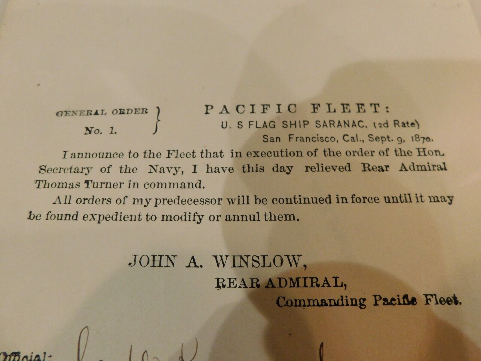 407 Admiral John A Winslow Navy Civil War Hero 1870 Pacific Fleet Order Command