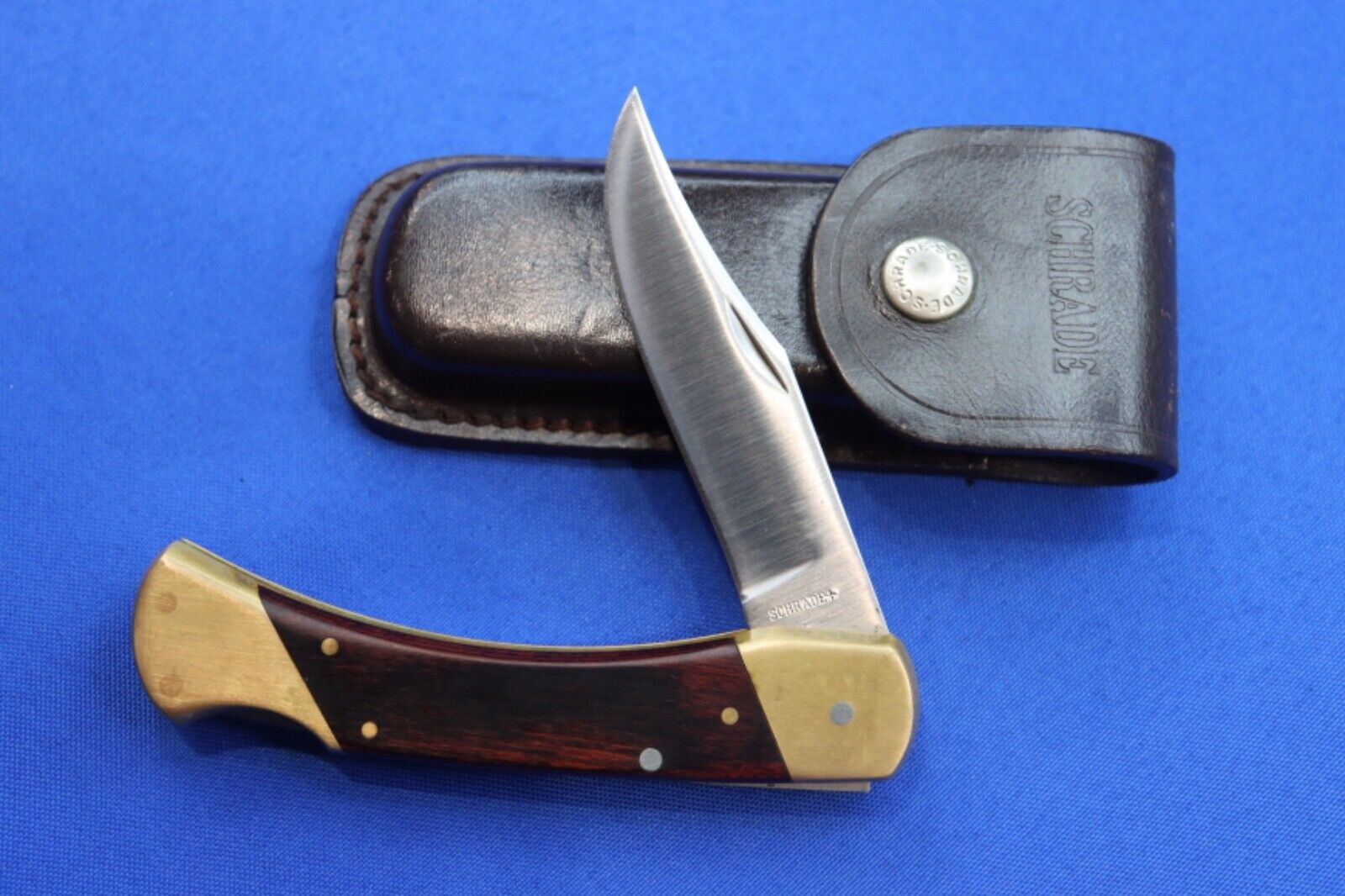 SCHRADE + USA Folding Pocket Knife w/ Brown Leather Sheath Lockback Early 1970\'s