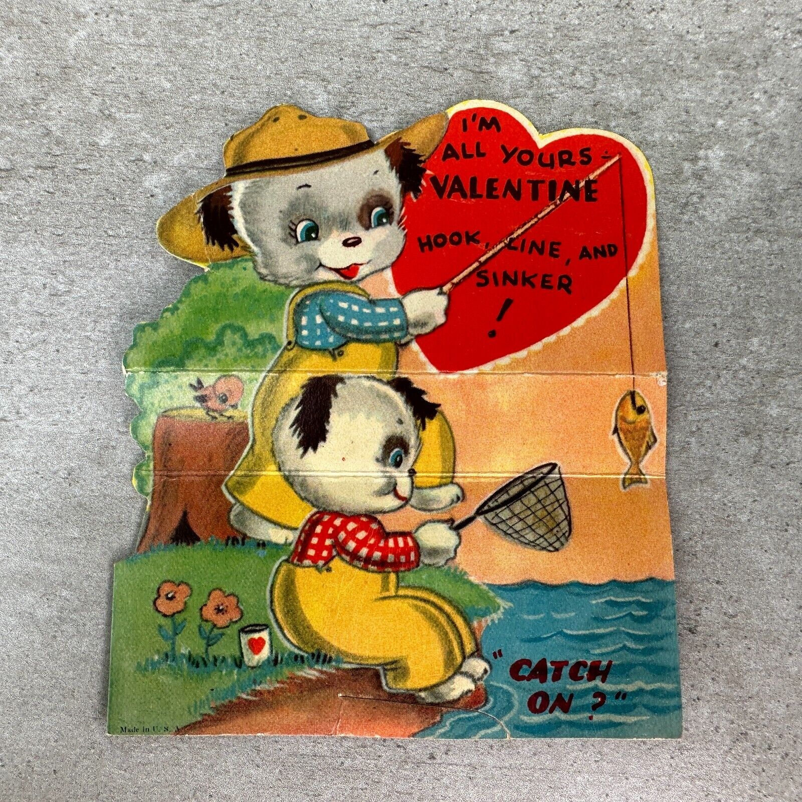 Vintage Valentine Valentines Card Die Cut Fisherman Fishing Dog Nature 1930s 40s