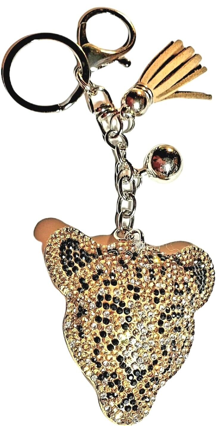 Rhinestone Leopard Tassel Keychain Crystal Big Cat Face Keytag Purse Clip Gift