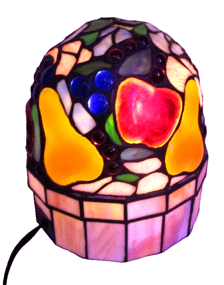 Vintage TABLE LAMP Stain Glass Shade Fruit Pear Apple Night Light Ting Shen