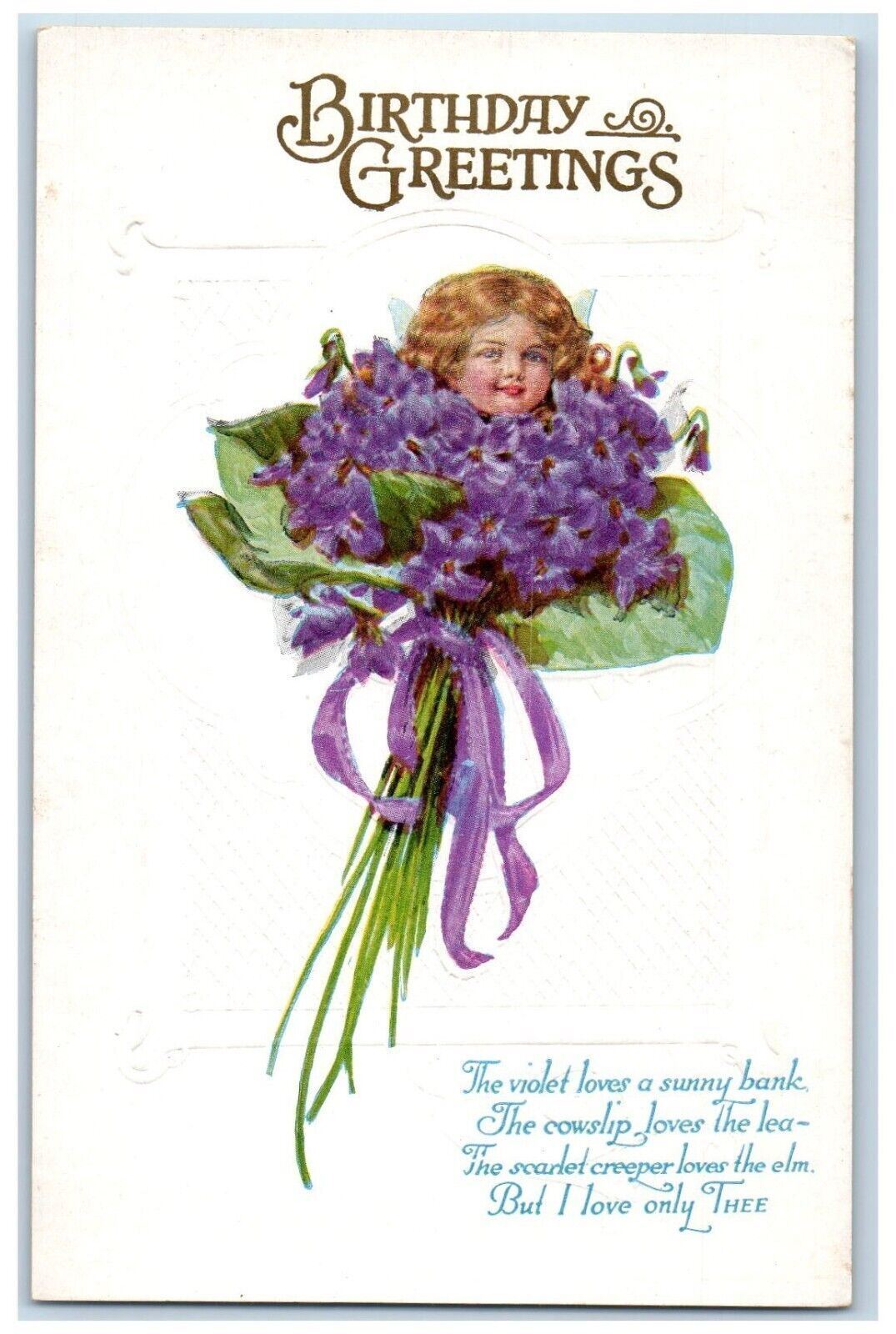 c1910's Birthday Greetings Girl Head In Pansies Flowers Embossed Postcard