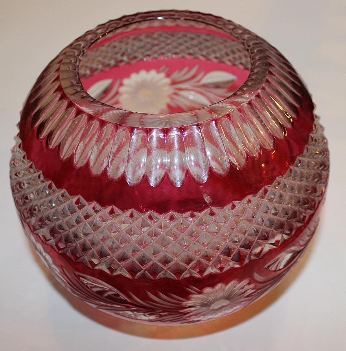 Vintage European Cut Crystal Ruby Cranberry Rose Bowl Vase Large Heavy