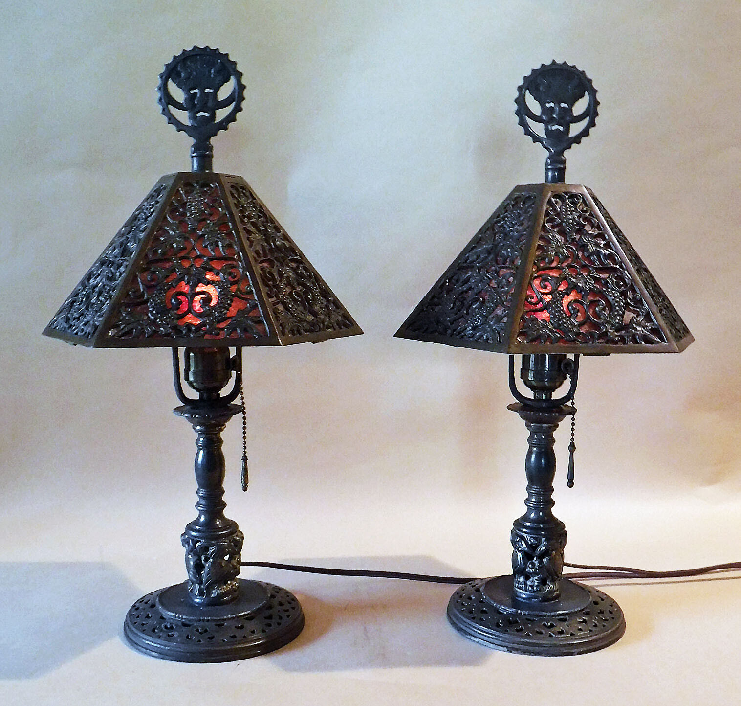 A PAIR OF SIGNED ANTIQUE OSCAR BACH BRONZE BOUDOIR ACCENT LAMPS COMEDY & TRAGEDY