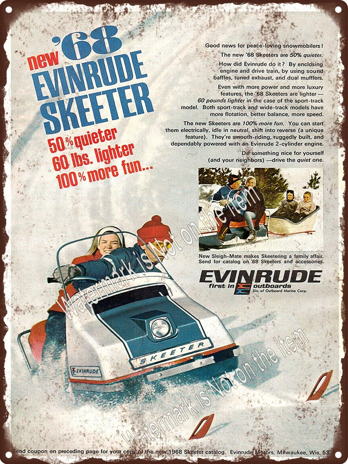 1968 Evinrude Skeeter Quieter Outboard Snowmobile Sleigh Metal Sign 9x12\