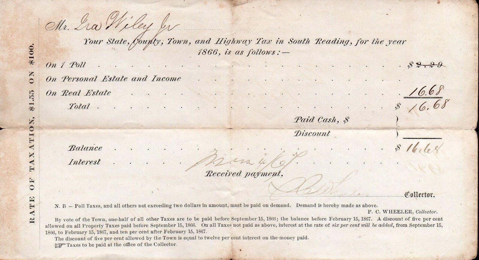 Vintage 1866 Hand Signed Tax Receipt - Reading Massachusetts
