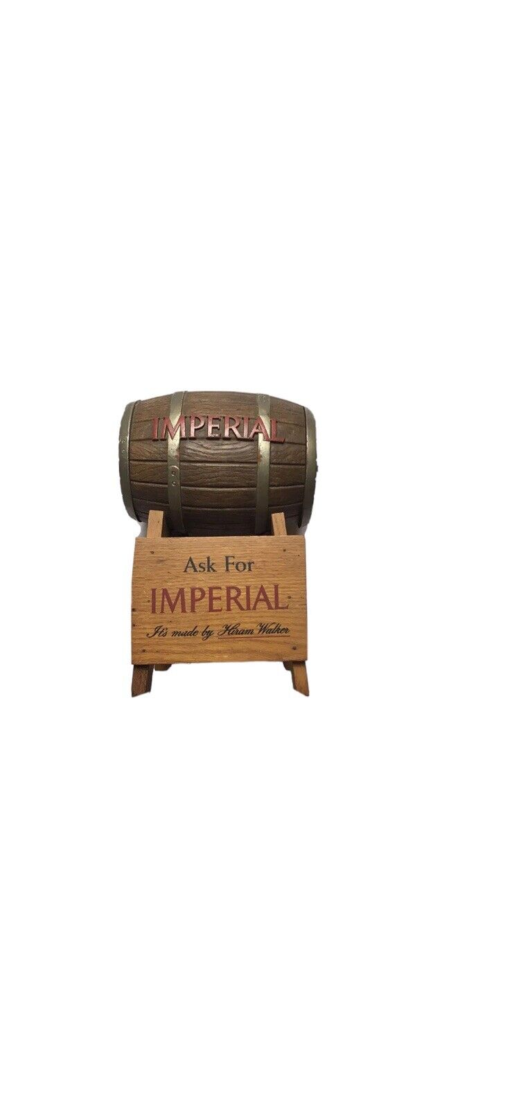 Ask For Imperial By Hiram Walker & Sons Kitty Keg Whiskey Barrel Back Bar Bank
