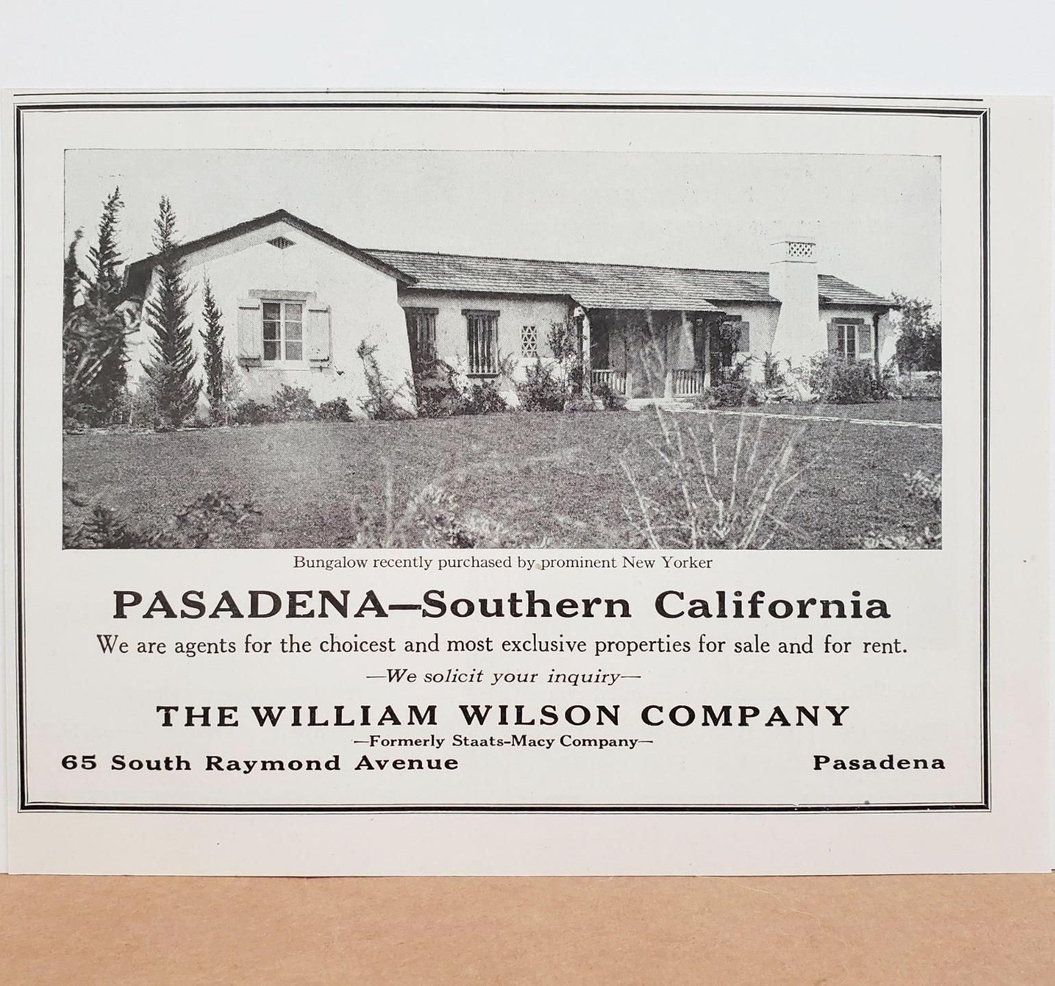 1921 Pasadena Southern California William Wilson Company Bungalow Photo Print AD