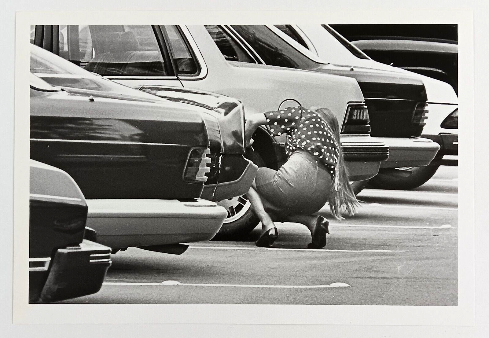 1990s Kirkland Washington Female Bending Down Skirt Parking Lot VTG Press Photo