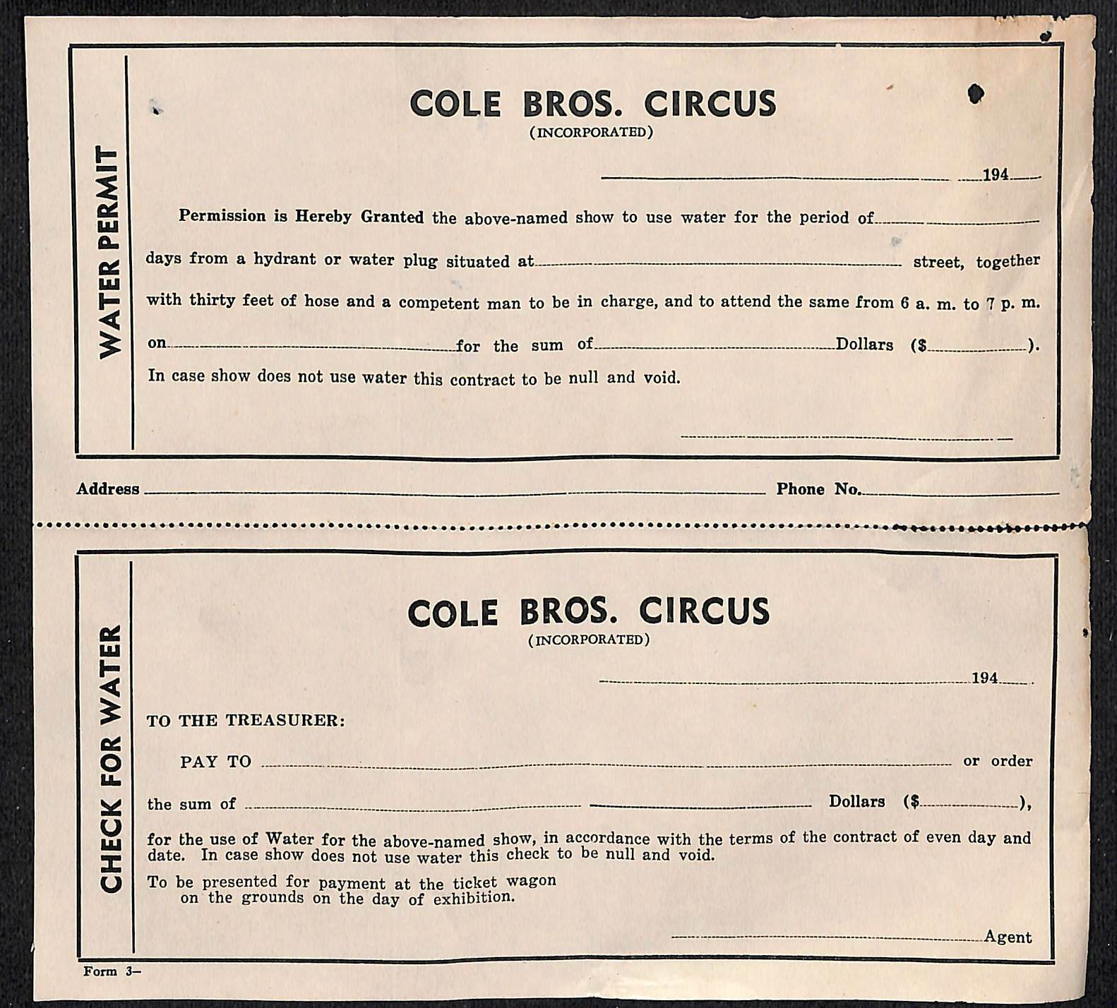 Scarce Cole Bros. Circus Unused Water Permit / Check Form  c1940\'s