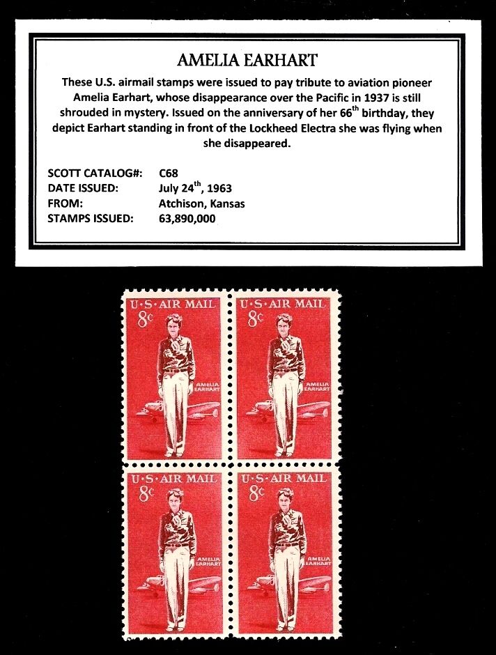 1963 - AMELIA EARHART -  Block of Four Vintage U.S. Airmail Stamps