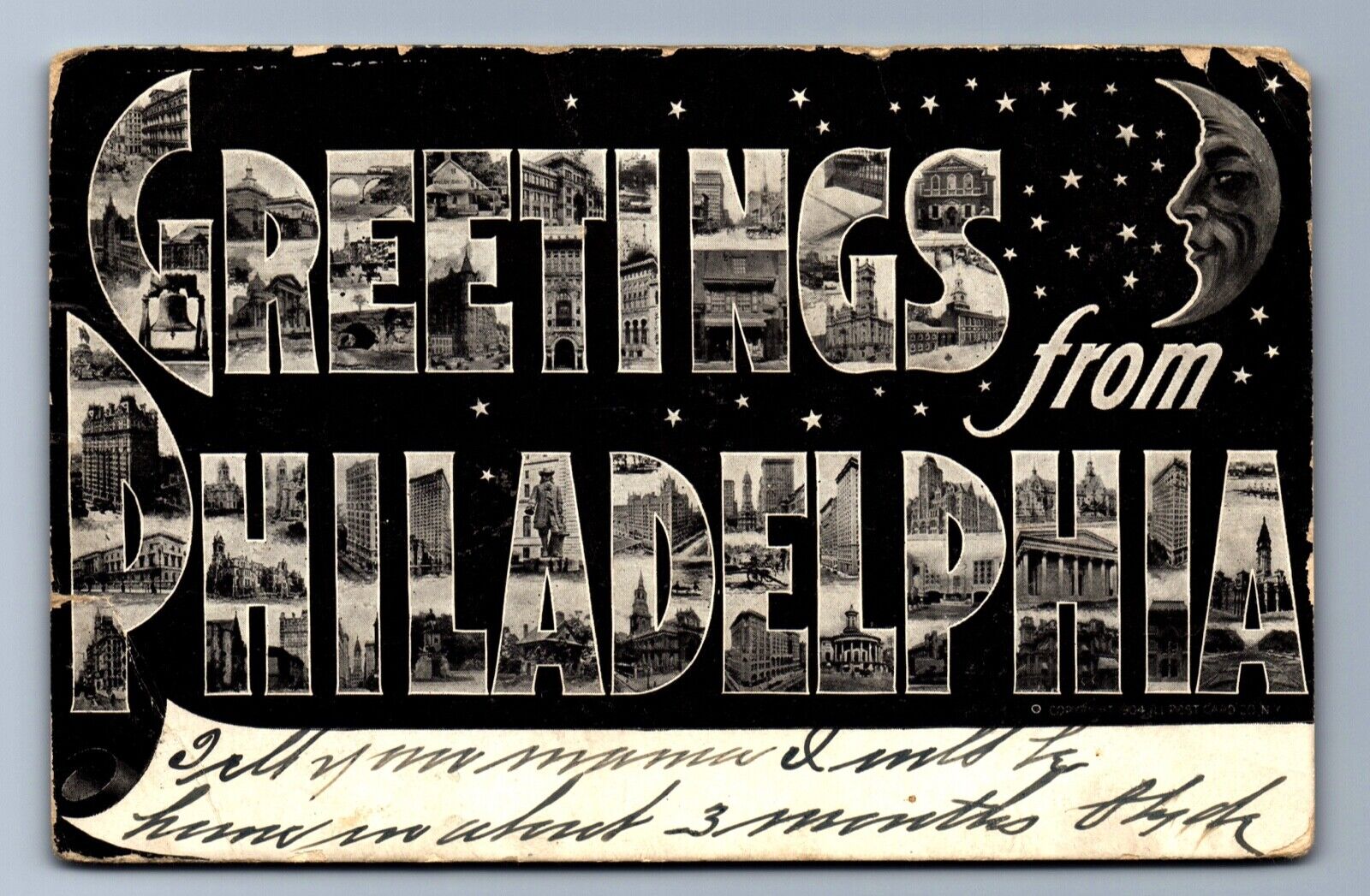 1906 LARGE LETTER PHILADELPHIA, PA, FACE IN MOON GREETING Postcard P23