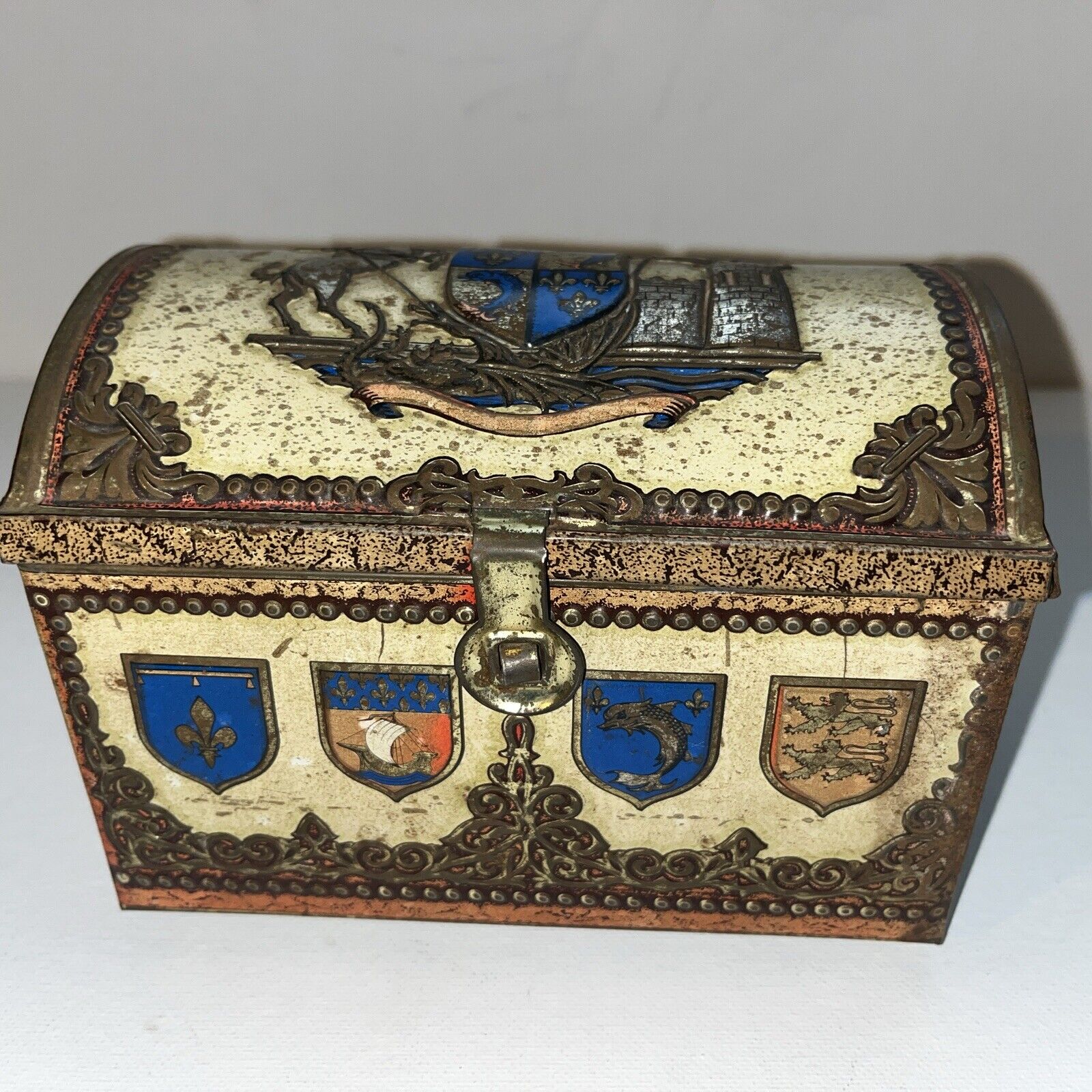 Vintage Treasure Chest Tin Box Medieval Trunk Trinket W Germany Hinged Lid Crest