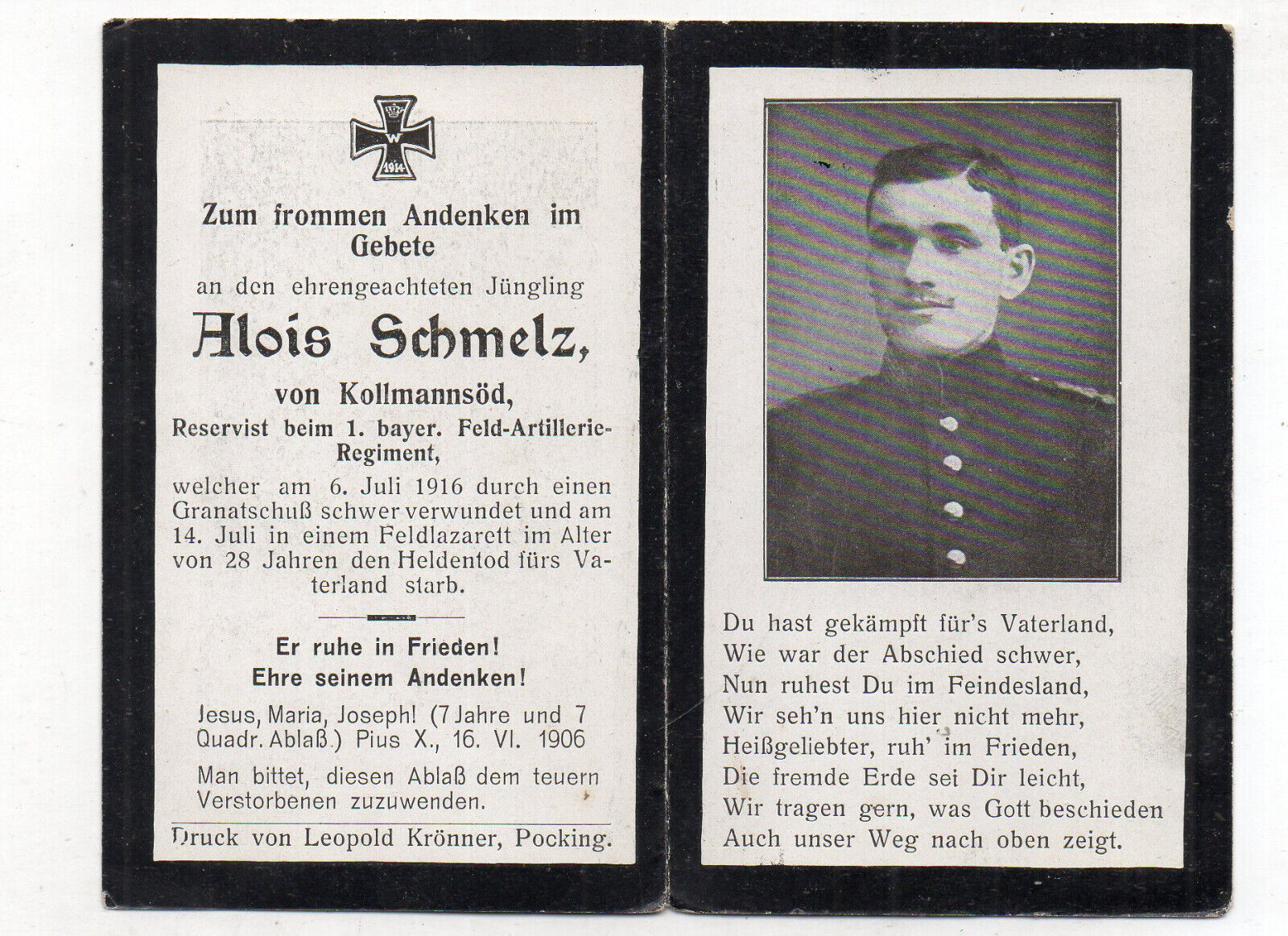 original german ww1 Death card ALOIS SCHMELZ 1FAR fell 6 jul 1916
