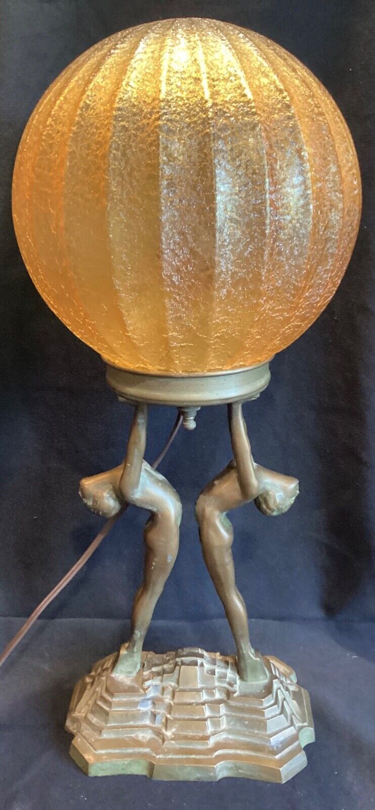 All Original Antique NuArt Art Deco Double Nude Lady Lamp & Crackle Glass Shade