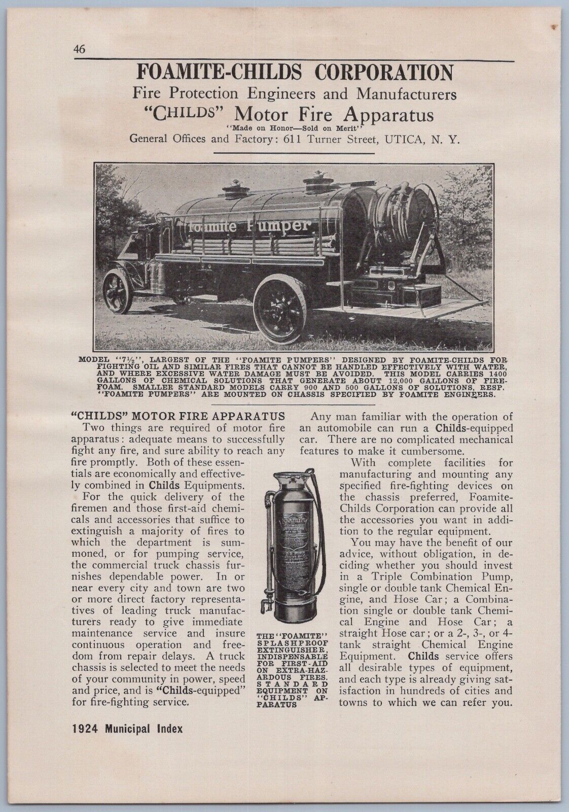 1924 Foamite Childs Fire Truck Ad Motor Apparatus Pumper Chemical Hose Car
