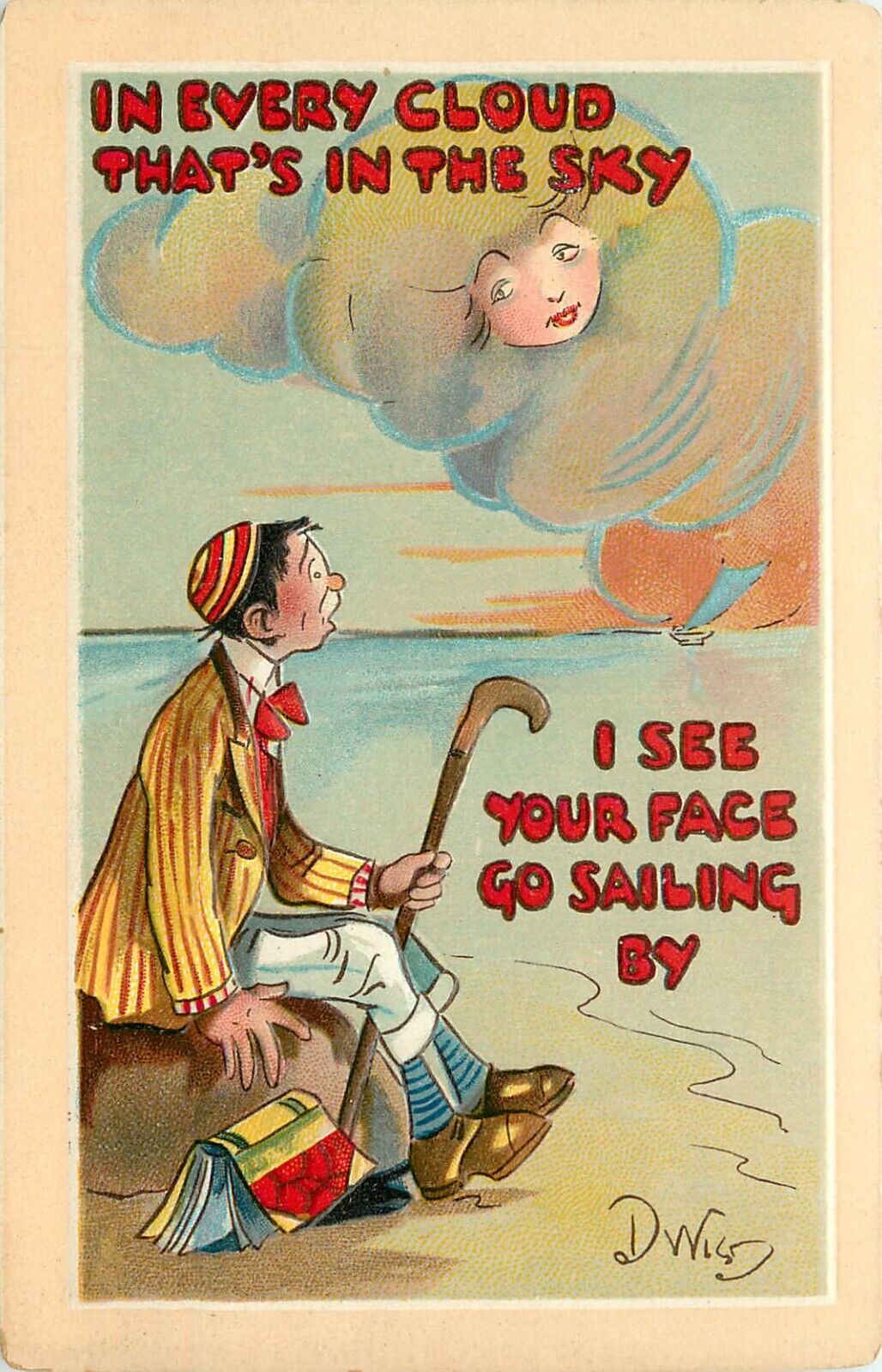 Tuck Postcard Everytime 182 Artist Dwig Man Sees Womans Face in Passing Clouds