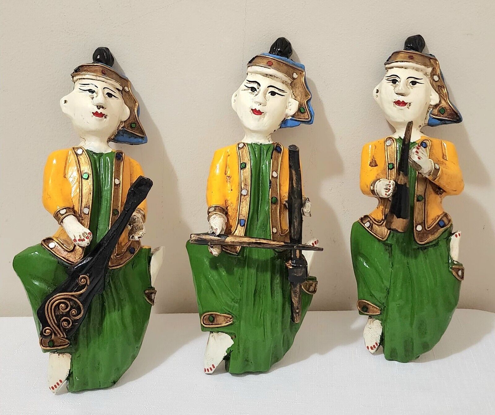 Vintage 1940s Handcarved 3 set of  Thai Wooden Musicians Wall Hangings