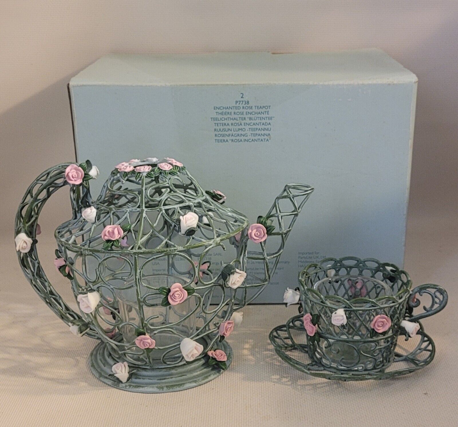 Retired Partylite Enchanted Rose Teapot And Teacup Candle Holder Set ~ See Descr