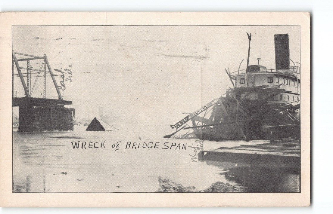Steamer Yuma After Striking Cherry Street Bridge Toledo Ohio Postcard Antique-N6