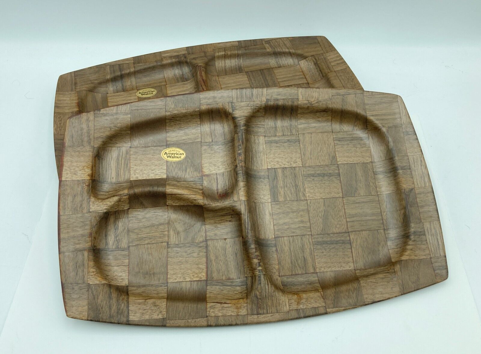 Vtg Set of 4 Danish Modern Weavewood Walnut Divided Plates w Lucite Warmers