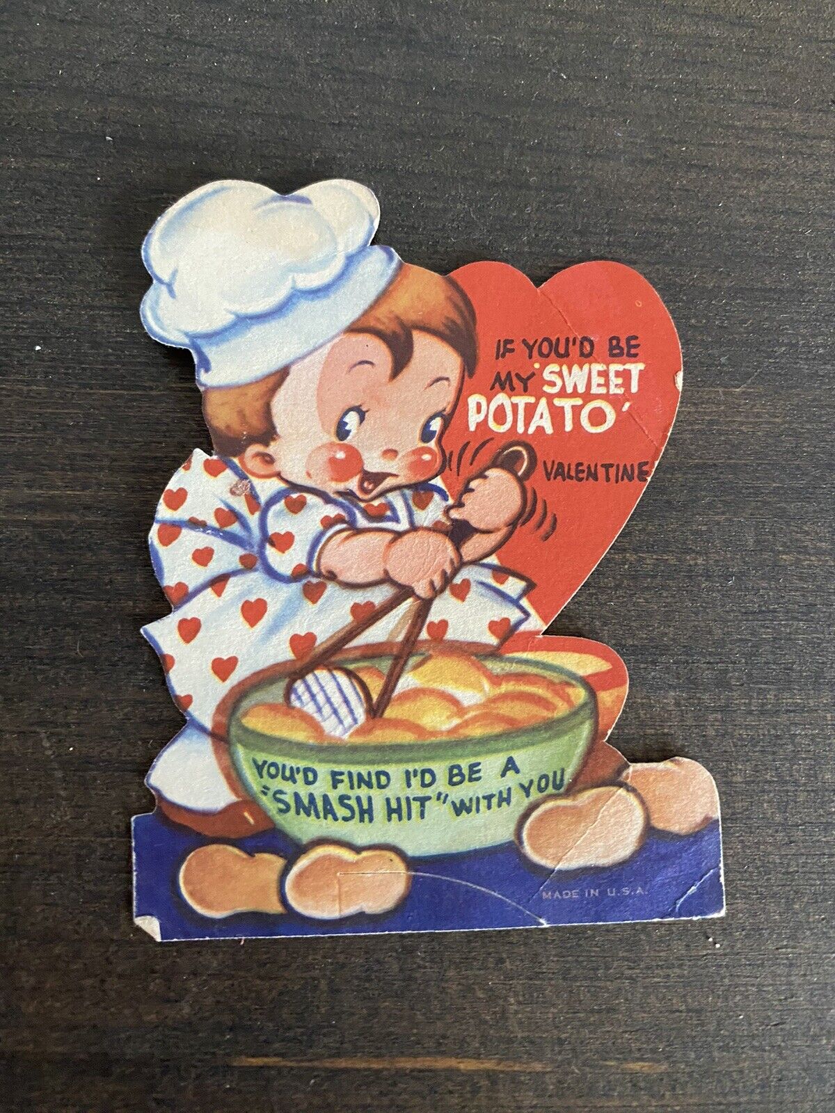 Vintage Valentines Card Die Cut “sweet Potato” Boy Rosy Cheeks Made In USA