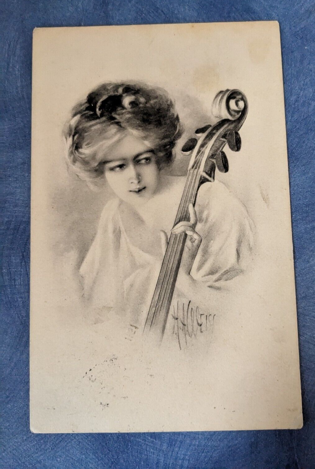 Vintage 1911 Beautiful Woman Plays Cello H.A Weiss Signed Artist Postcard