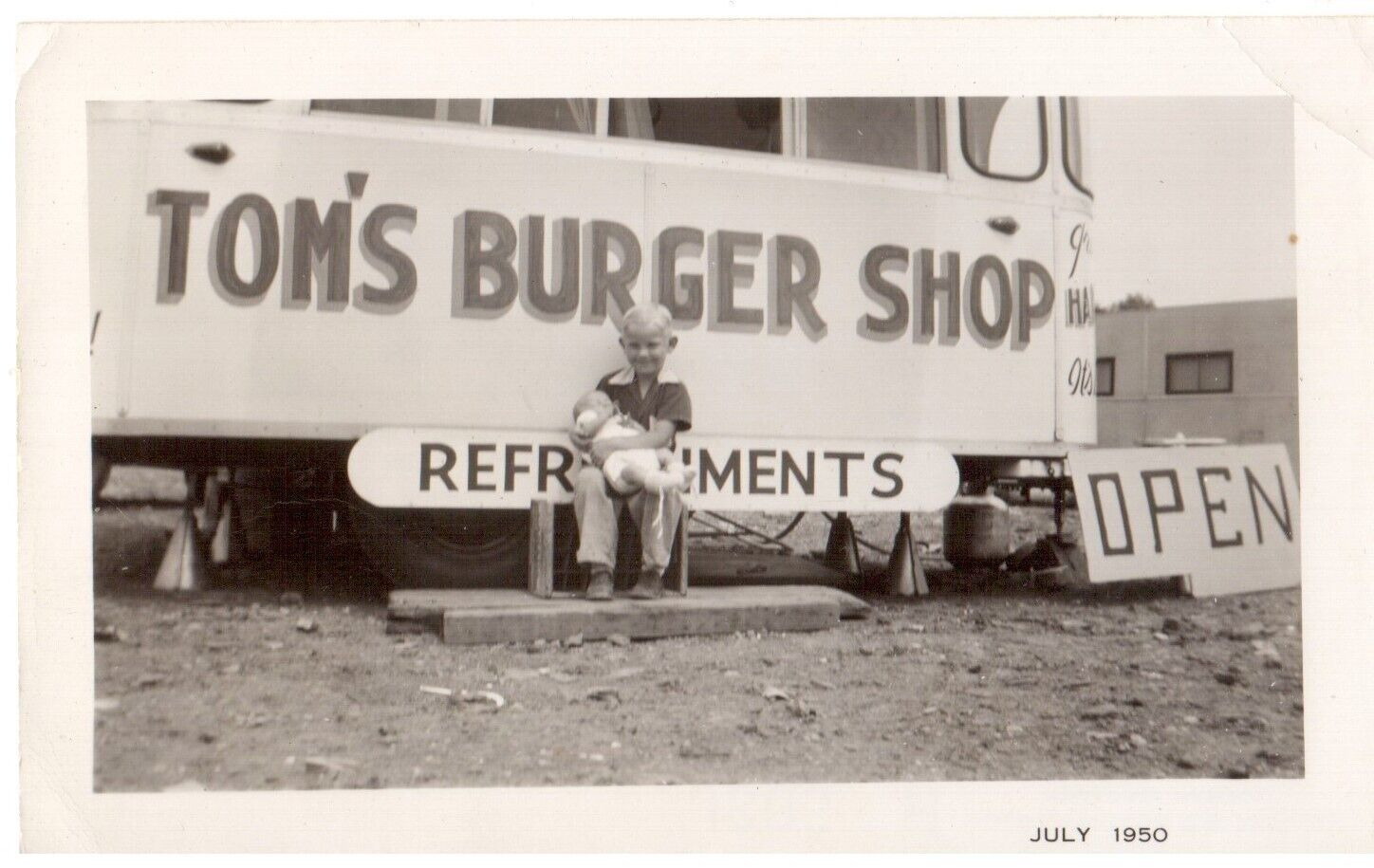 Vtg July 1950 -Young Boy holding baby brother - Toms Burger Shop - Food Truck