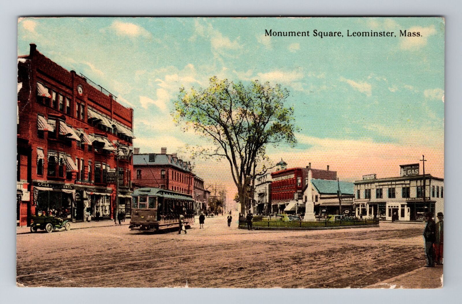 Leominster, MA-Massachusetts, Monument Square-Trolley Monument, Vintage Postcard