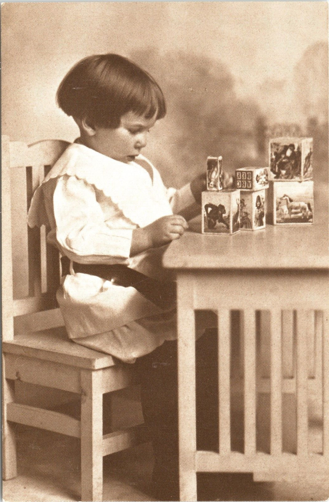 Postcard Reproduced Vintage Photo from 1910 Child with Wooden Blocks Theriaults