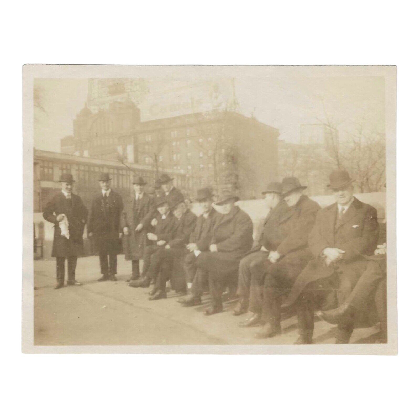 Vintage Snapshot Photo 1920s Group Of Men City Park Camels Cigarettes Sign 1922
