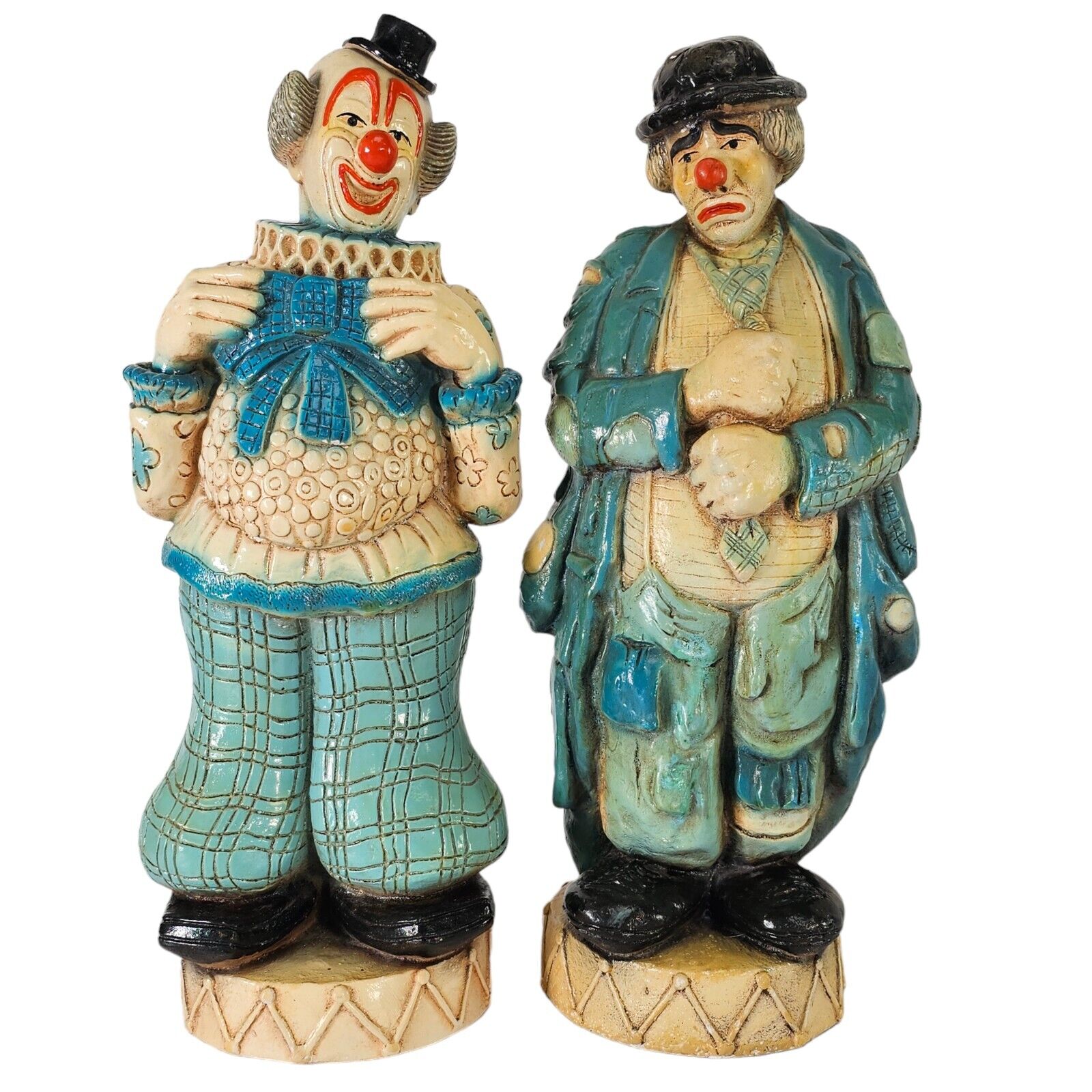 MCM Happy Clown and Sad Clown Statues Figurine Chalkware Blue Pair 18.5\