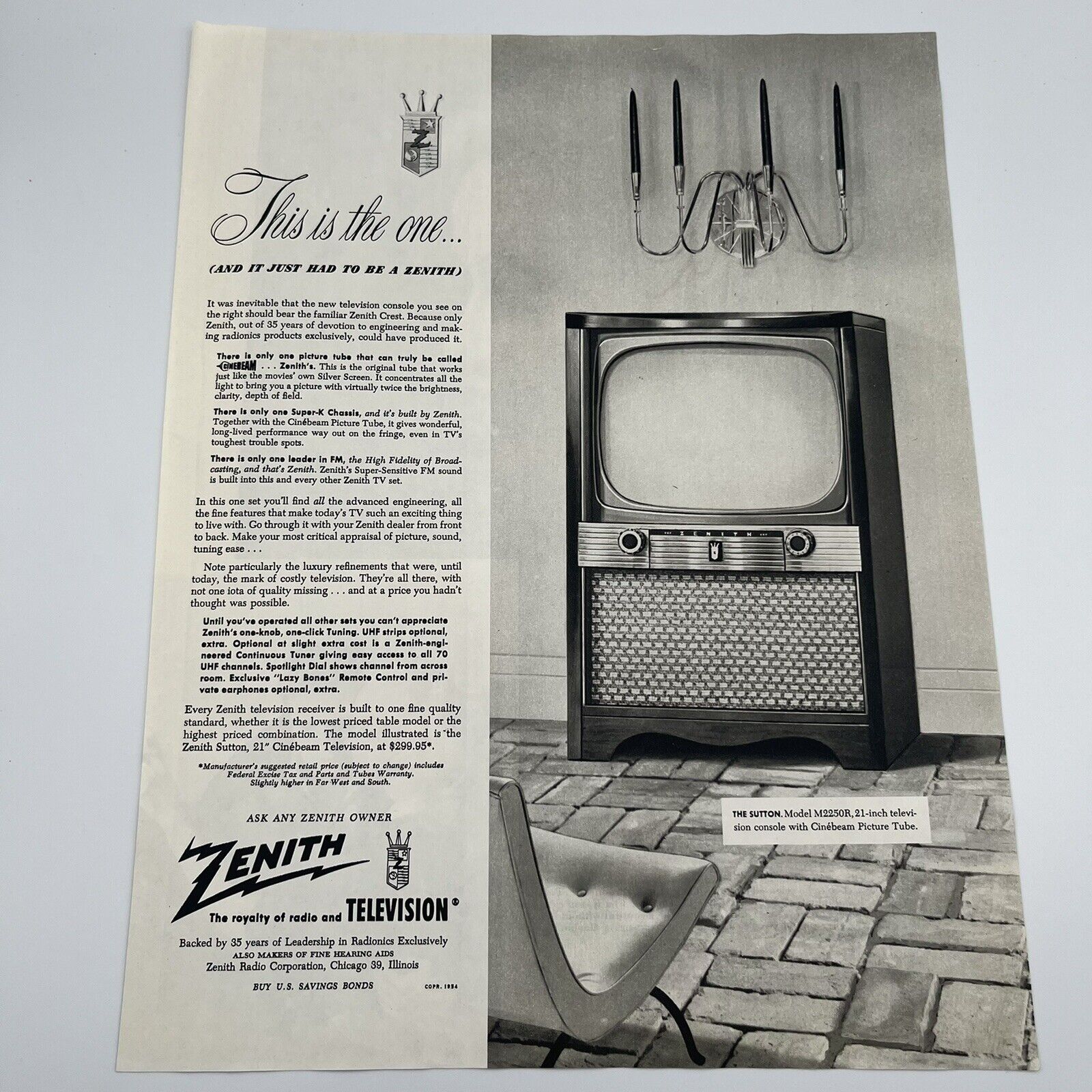 Zenith Television 1954 Vintage Print Ad The Sutton M2250R Cinebeam