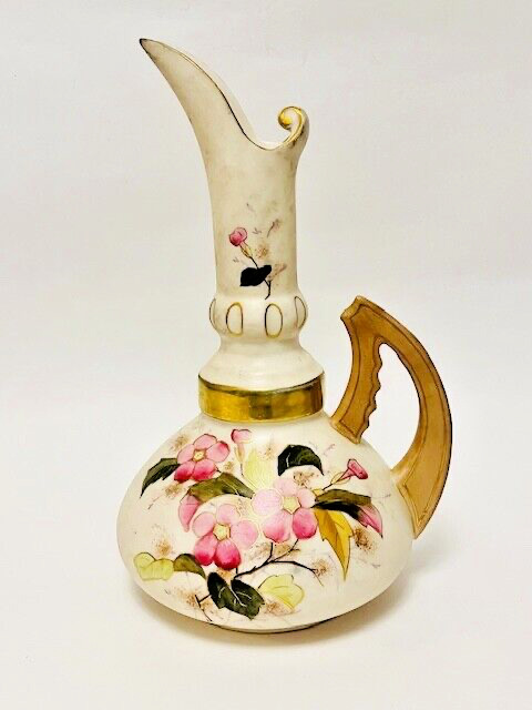 Antique Robert Hanks Porcelain Ewer Floral c1900s Hand Painted Gilt Accents