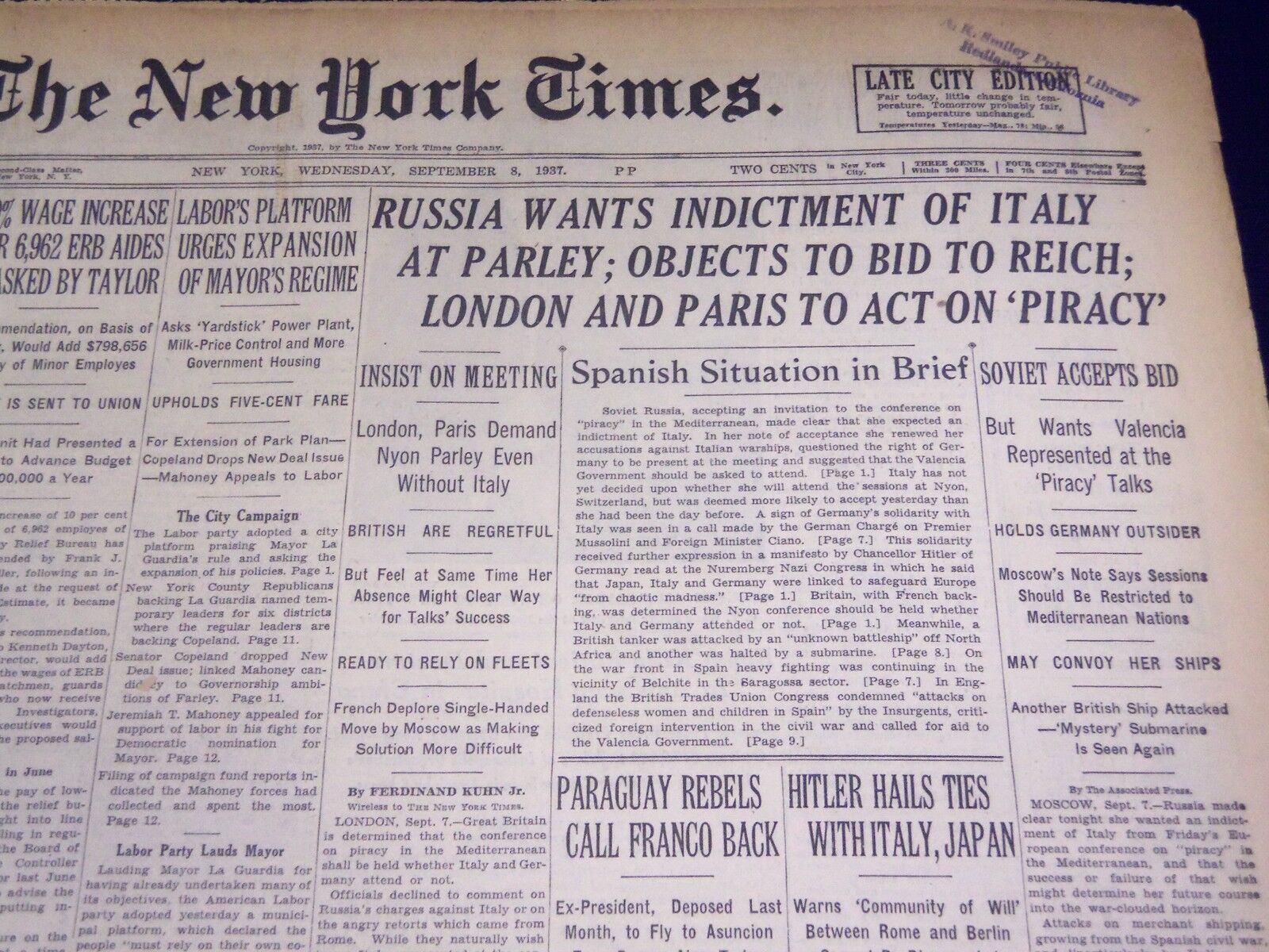 1937 SEPT 8 NEW YORK TIMES - RUSSIA WANTS INDICTMENT OF ITALY - NT 433