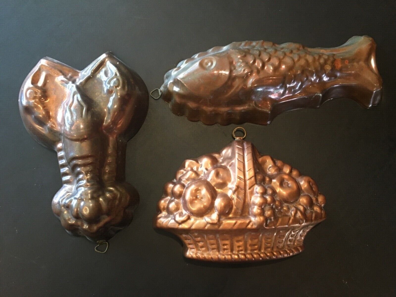 Lot, 3 Vintage Copper Aspic Jello Molds Retro Decor: Fish, Lobster, Fruit Basket