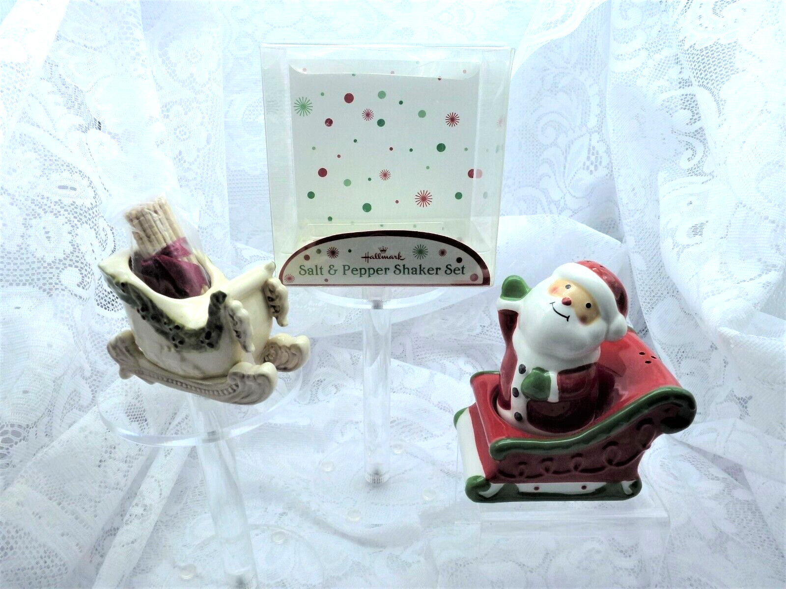 Ceramic Hallmark Santa and Sled Salt & Pepper Shake + Toothpick Holder Sled