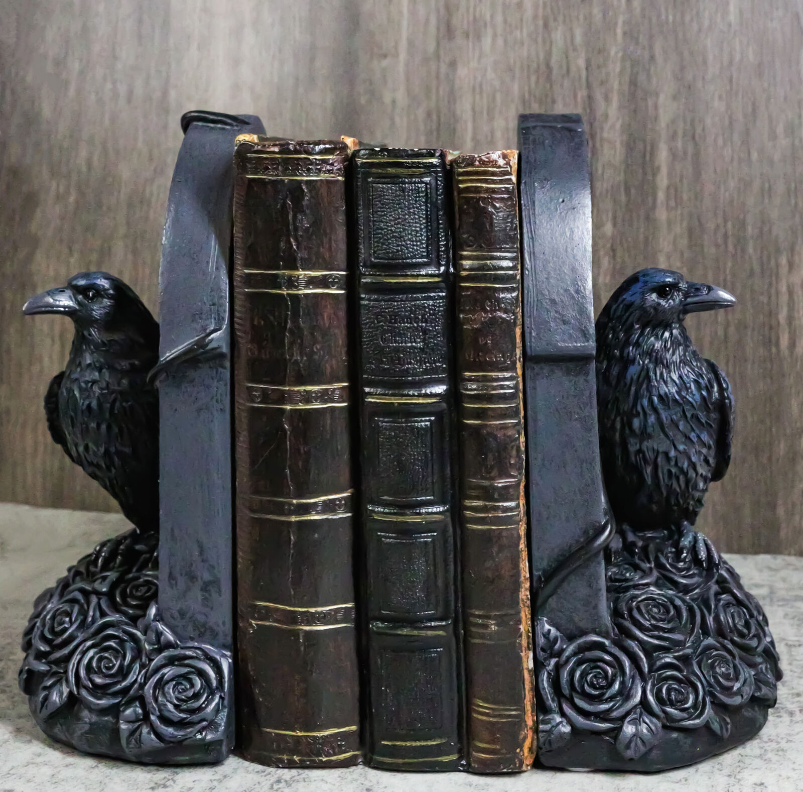 Dark Prophecy Raven Crow Perching On Black Roses Tombstone Figurine Bookends