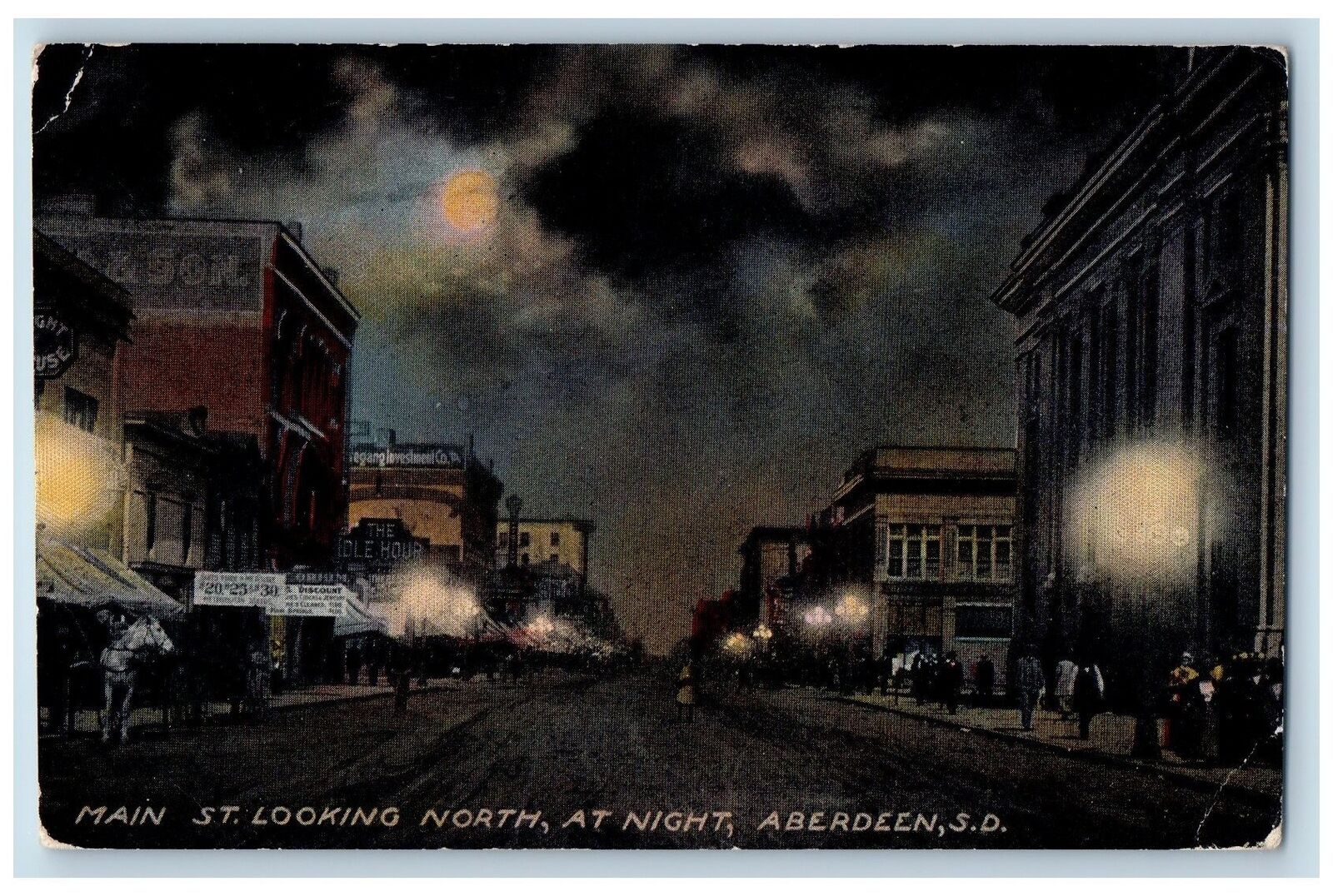 c1910 Main Street Looking North At Night View Aberdeen South Dakota SD Postcard