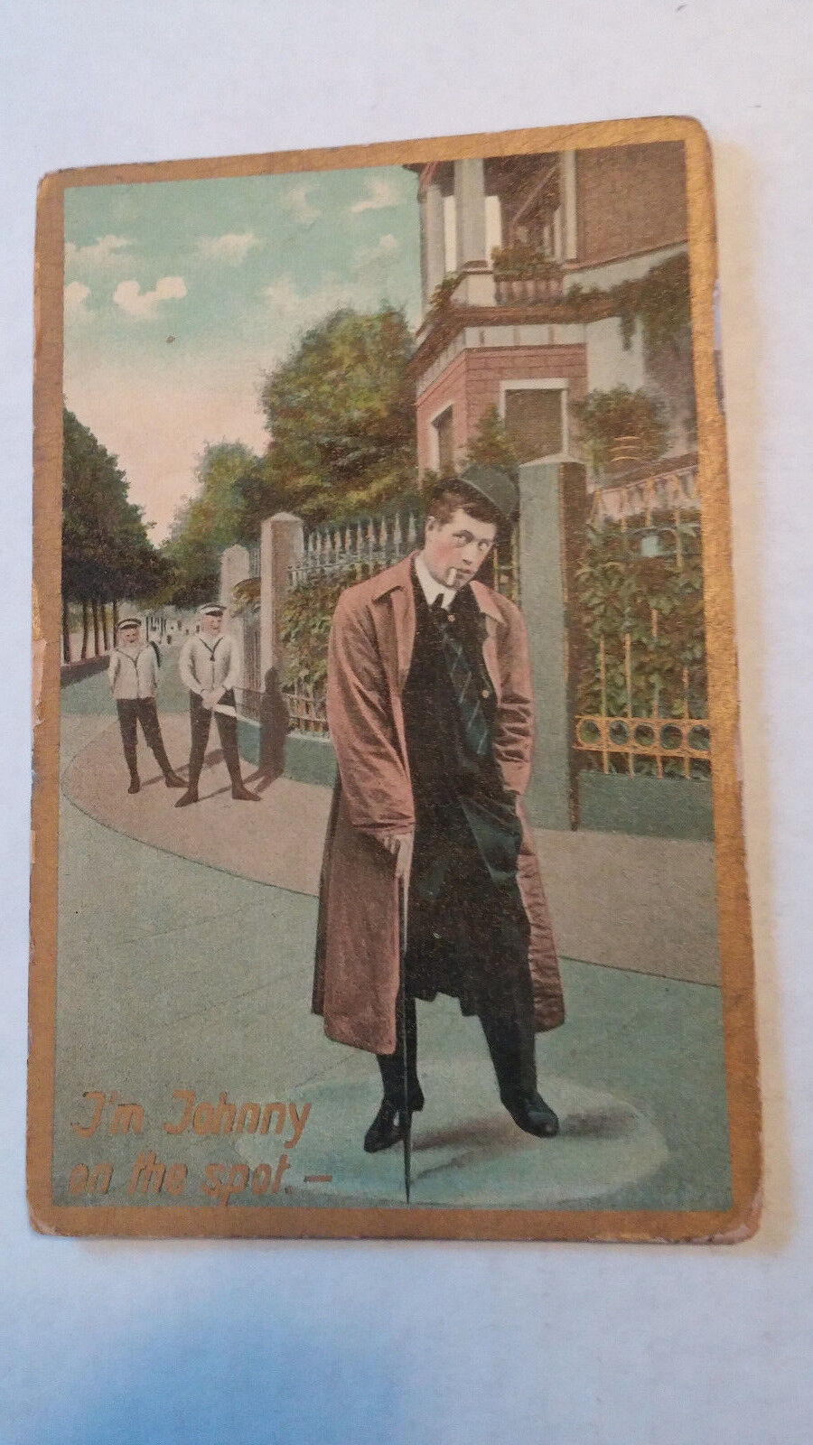 People Postcard I\'\'m Johnny on the spot Man with Cane Antique Pre-Linen vtg