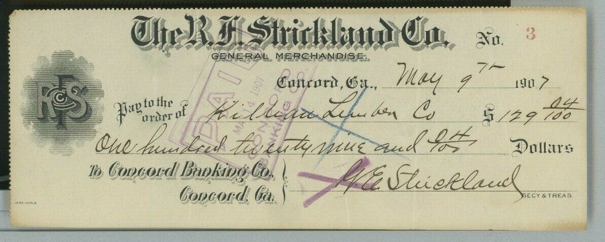 1907 R.F. Strickland Co. General Merchandise Concord Ga Check $129.04 24
