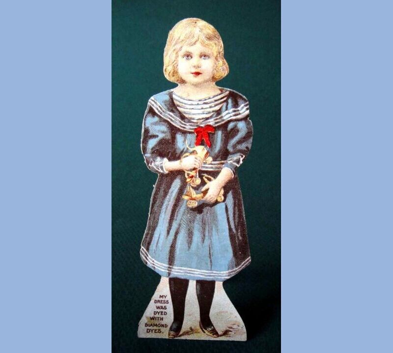 antique victorian DIAMOND DYES PAPER DOLL standing DIE CUT GIRL burlington vt