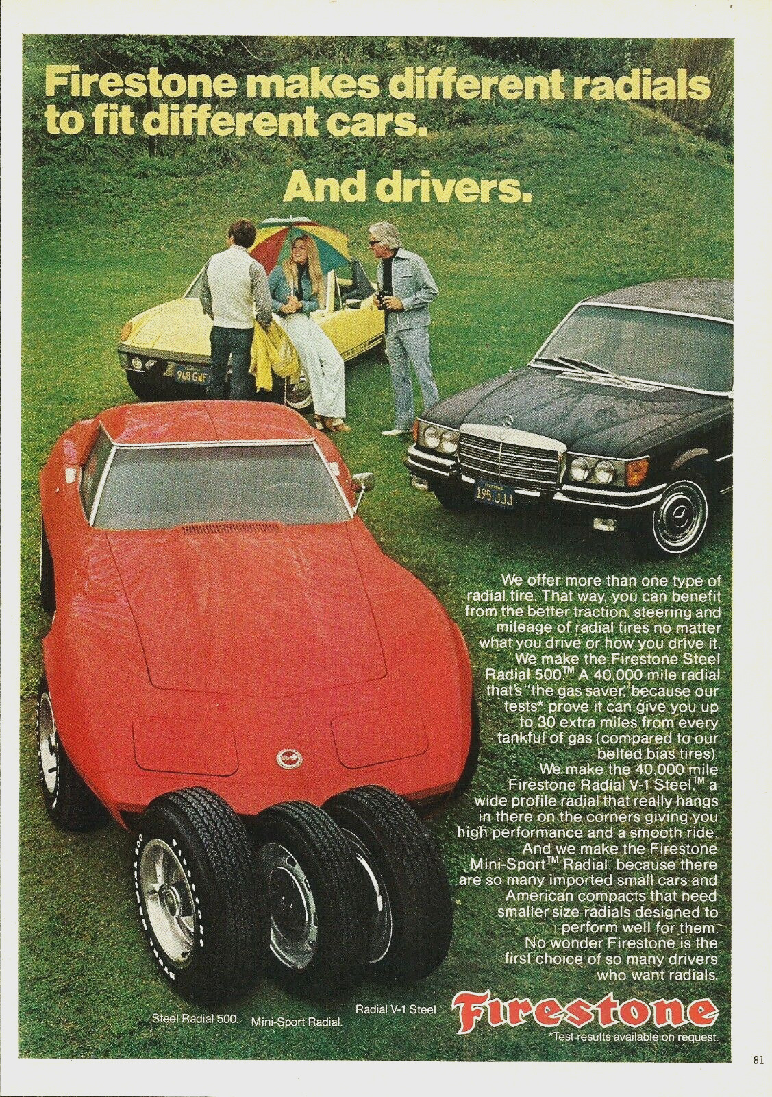 1974 Firestone Steel Radial Tires Red Corvette Mercedes Benz vintage Print AD