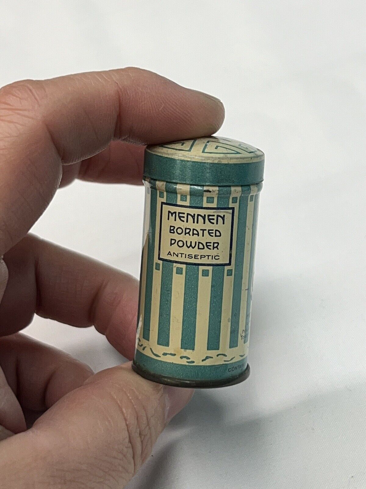 Antique Vintage Mennen Borated Powder Antiseptic ~ Art Deco ~ Sample Size Tin
