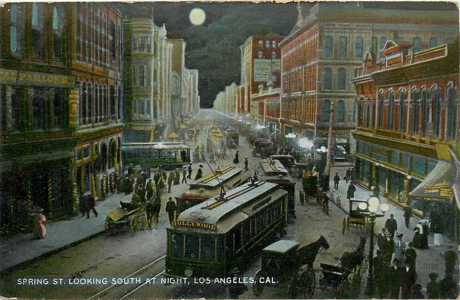 Postcard 1909 California Los Angeles Spring Night trolleys Bosselman CA24-1492