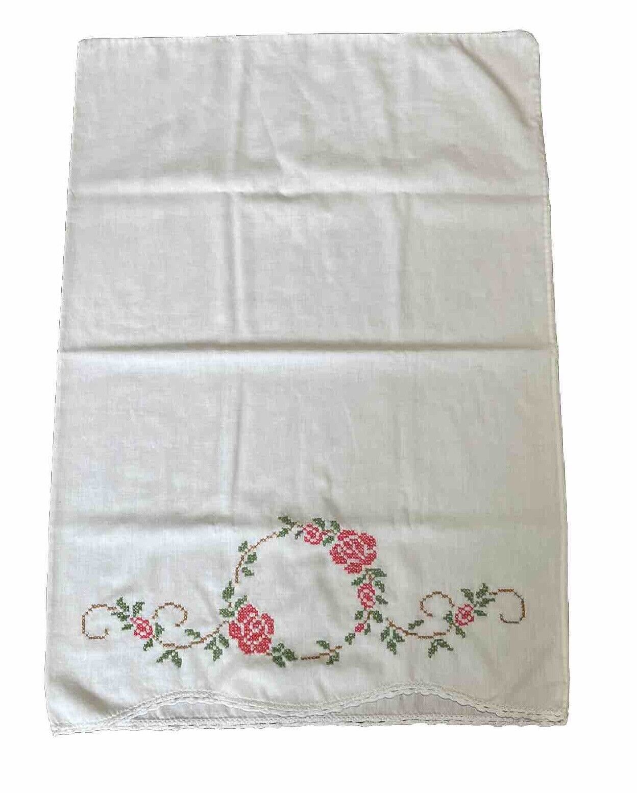 Vintage Hand Embroidered Pink Roses Grannycore Standard Pillow Case Crochet Edge