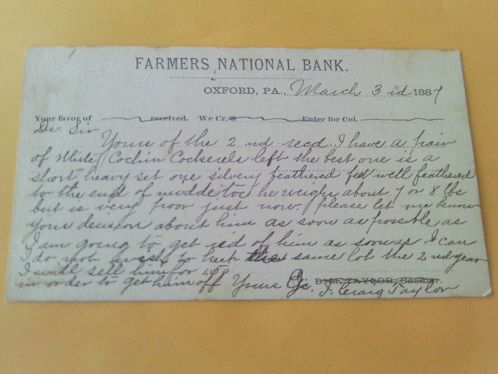 RARE 1887 POSTCARD NOTE FARMERS NATIONAL BANK OXFORD PENNSYLVANIA CRAIG TAYLOR